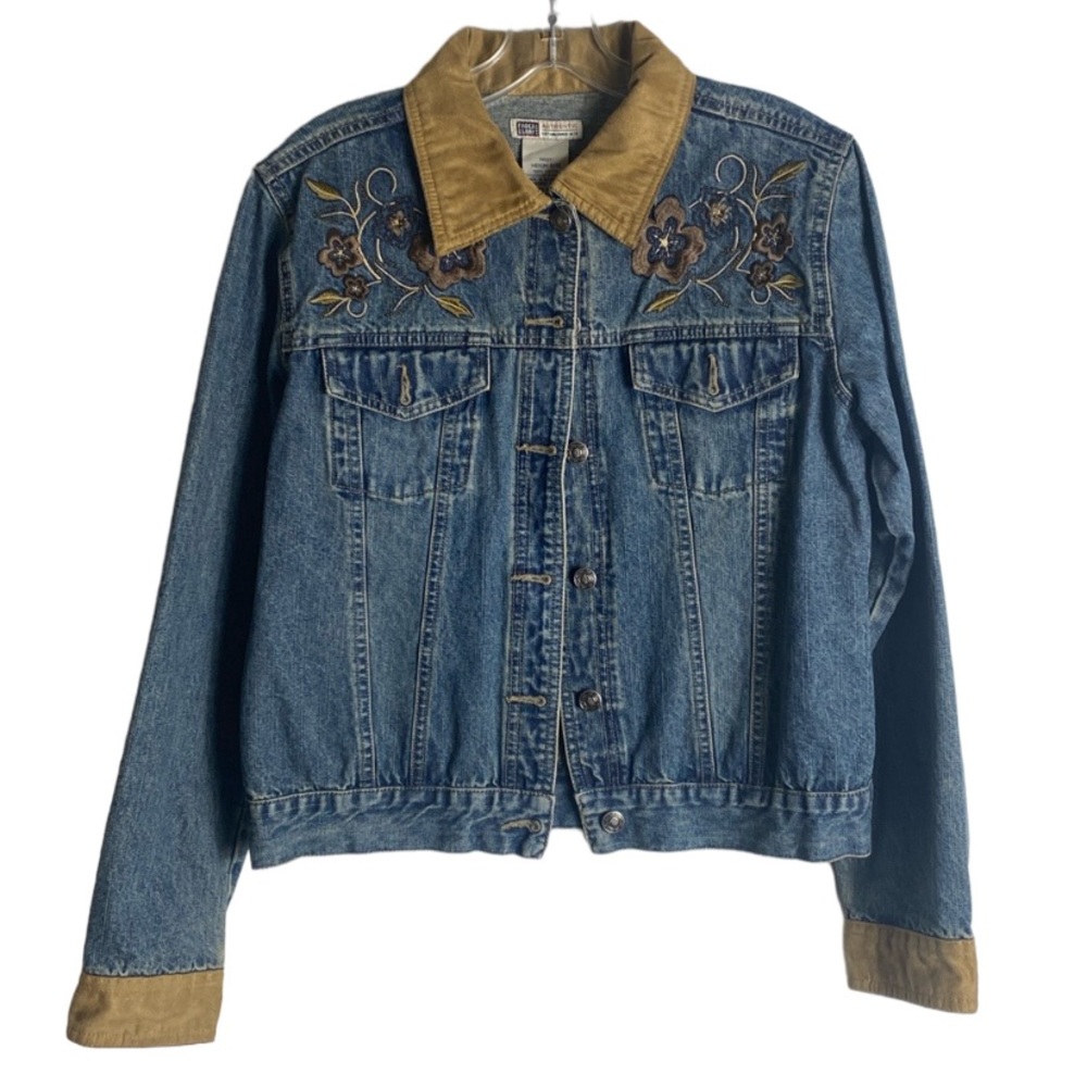 FADED GLORY Vintage Denim Jacket Floral Embroidered Suede Collar Cuffs Medium